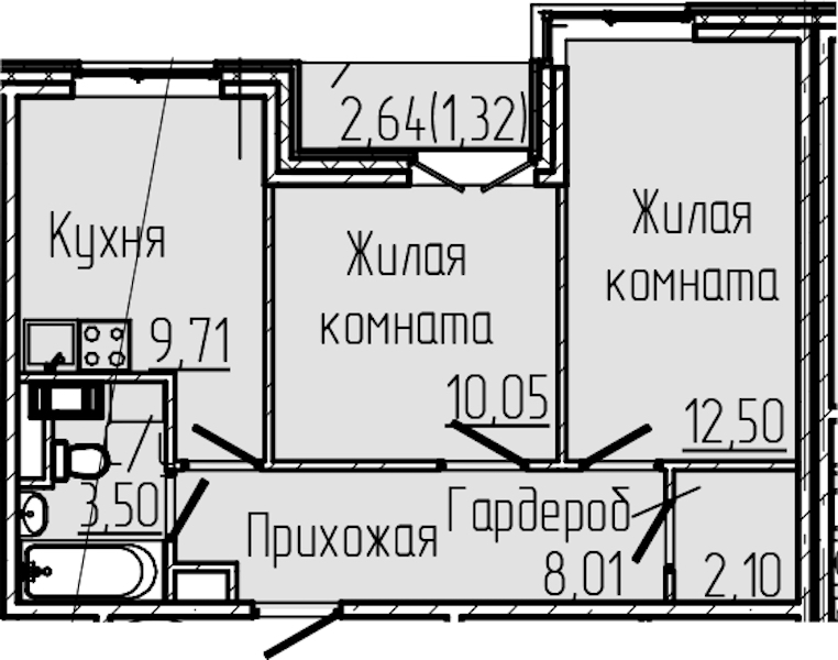 2-комнатная квартира 47.19 м², 8/8 эт., ЖК «SERTOLOVO PARK»